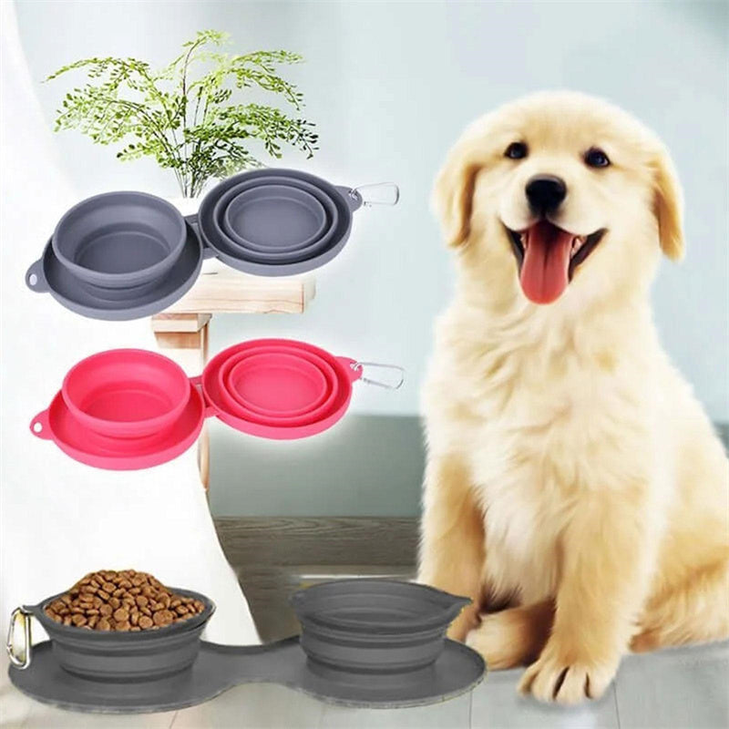 Foldable Double Pet Feeding Silicone Bowl