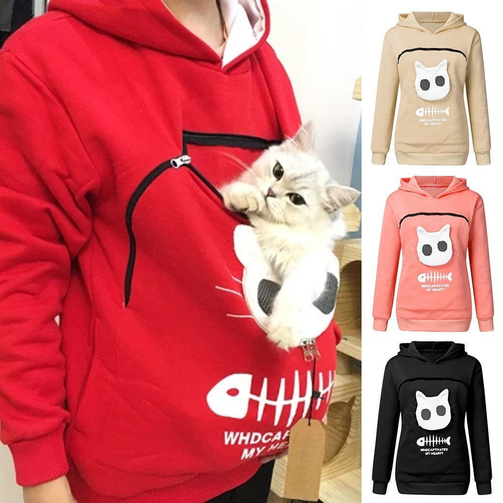 Women Hoodie Sweatshirt With Cat Pet Pocket